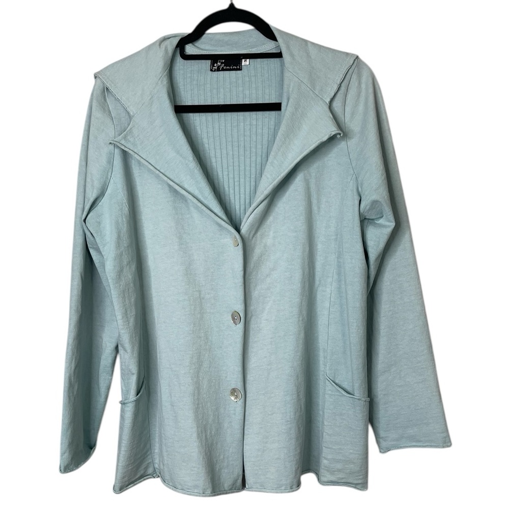 Fenini Women’s Light Blue Cotton Knit Jersey Single Breast Blazer Jacket Sz S